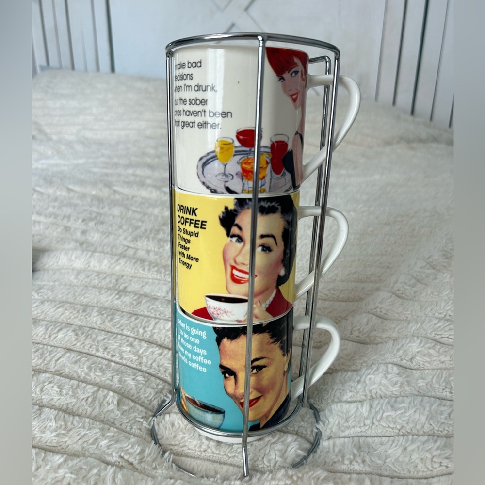 Retro Pop Art Coffee Mug Set with Stand - Picture 1 of 7